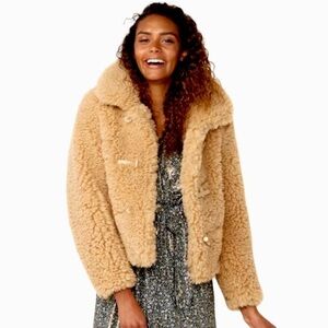 LC Lauren Conrad Womens Tan Faux Shearling Fuzzy Teddy Bear Jacket Sz L New